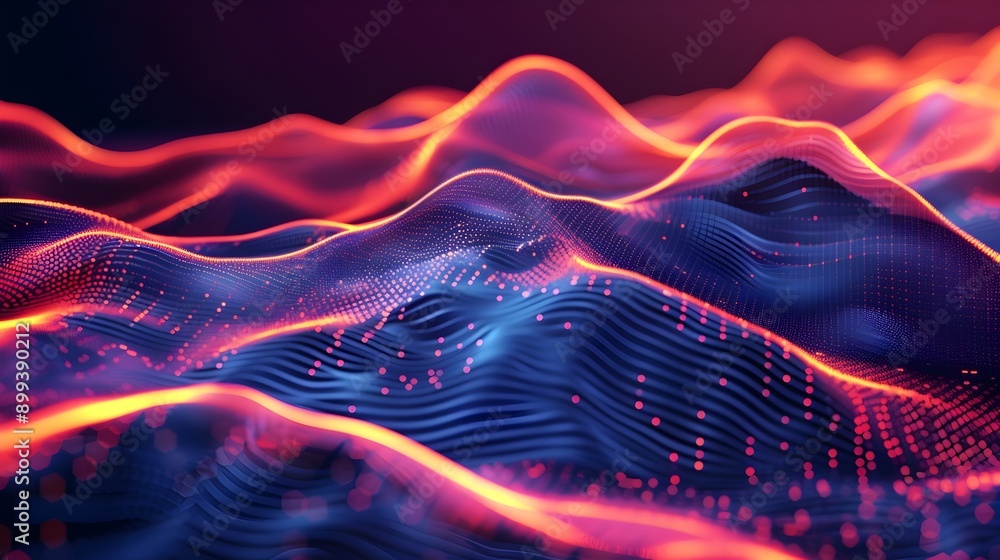 Poster neon digital landscape with intricate cyber infrastructure patterns