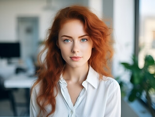 AI imagines how a pretty red-haired girl looks in a spacious, bright office