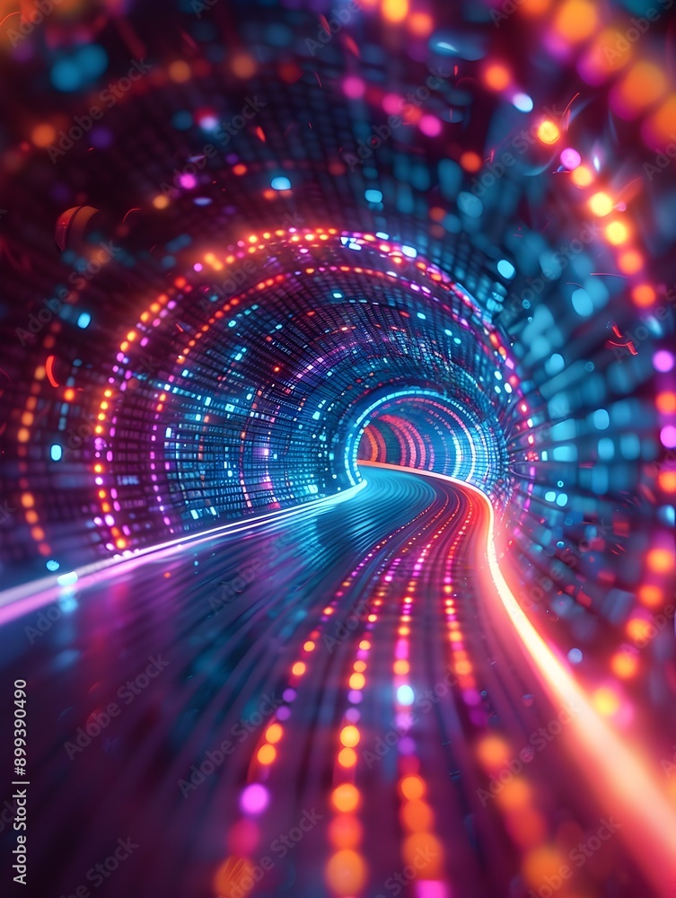Poster neon data streams flowing through futuristic cyber tunnel symbolizing information transfer