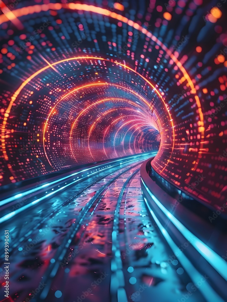Poster neon data streams flowing through a futuristic tunnel symbolizing information transfer and cyber bac