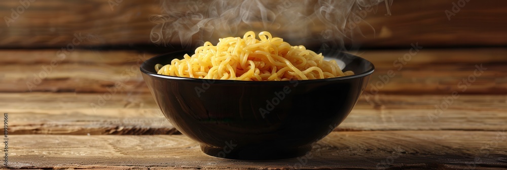 Poster a steaming bowl of delicious instant noodles sits invitingly on a wooden table, perfect for a quick 