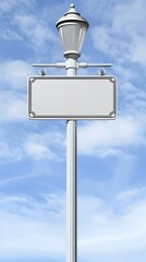 Detailed White Lamp Post With Blank Sign Against Blue Sky