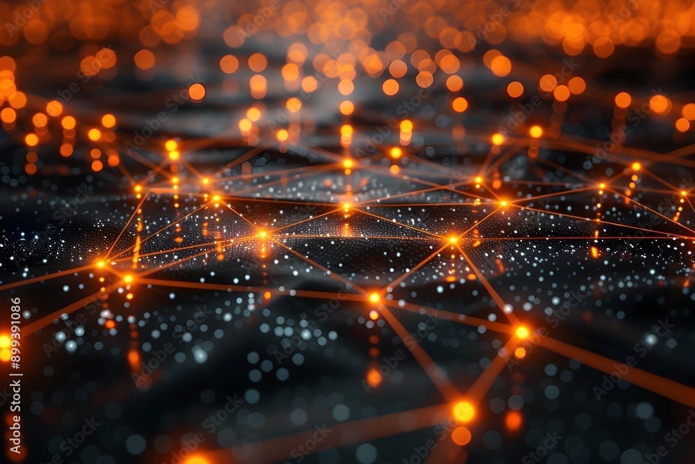 Poster glowing interconnected digital network map with bright nodes and lines symbolizing cyber technology