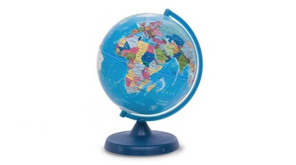 Colorful Educational Globe Displayed on a Blue Stand in a Classroom Setting