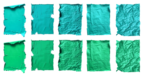 Collection set of turquoise blue green crushed wrinkle scrunch torn rectangle A4 paper, old torn crumple rip edges on transparent cutout, PNG. Many different design. Mockup template artwork graphic