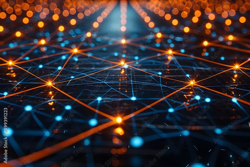 Poster glowing digital network connections with interconnected nodes and luminous lines symbolizing cyber c