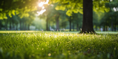 Obraz premium Showing green grass against a background of blurred trees and sunlight Artificial Intelligence Generated