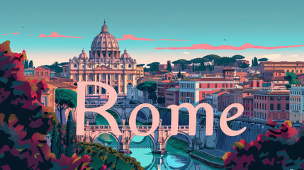 Rome poster, Rome architecture, cityscape, in the style of graphic design-inspired illustrations, daylight atmosphere, travel