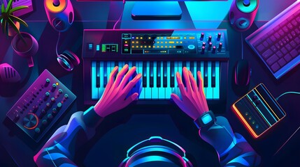 Creative Music Production Workspace in Flat Design Top View with AI-Composed Theme and Vivid Watercolor Elements