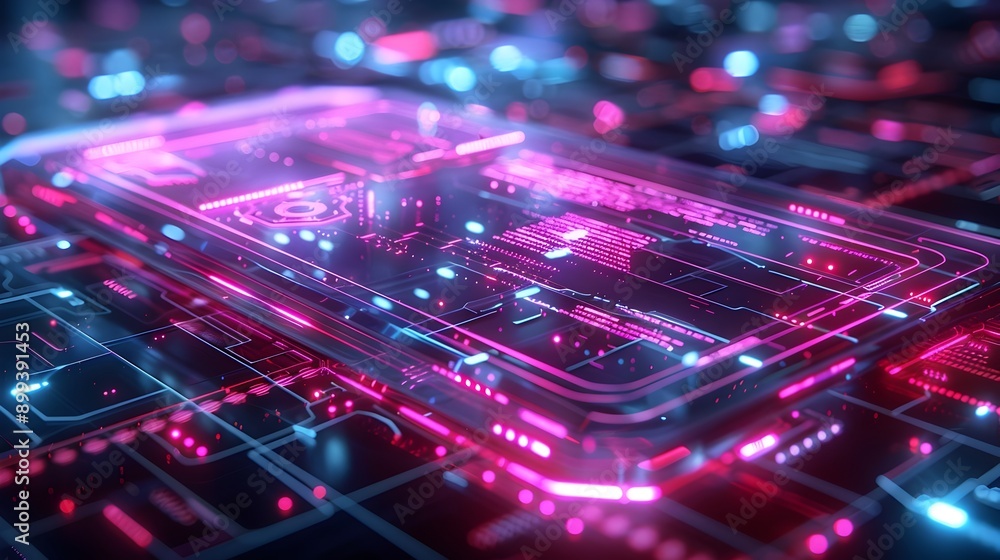Poster futuristic holographic device with neon lit cyber interface and touch controls