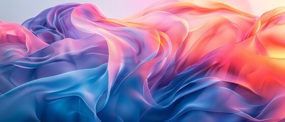 Fototapeta premium A painting featuring wavy lines in shades of blue, pink, yellow, and orange against a backdrop of light blue and pink