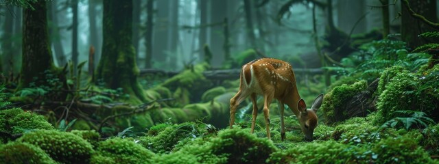 Obraz premium A deer stands in a verdant forest amidst countless green plants and towering, slender trees