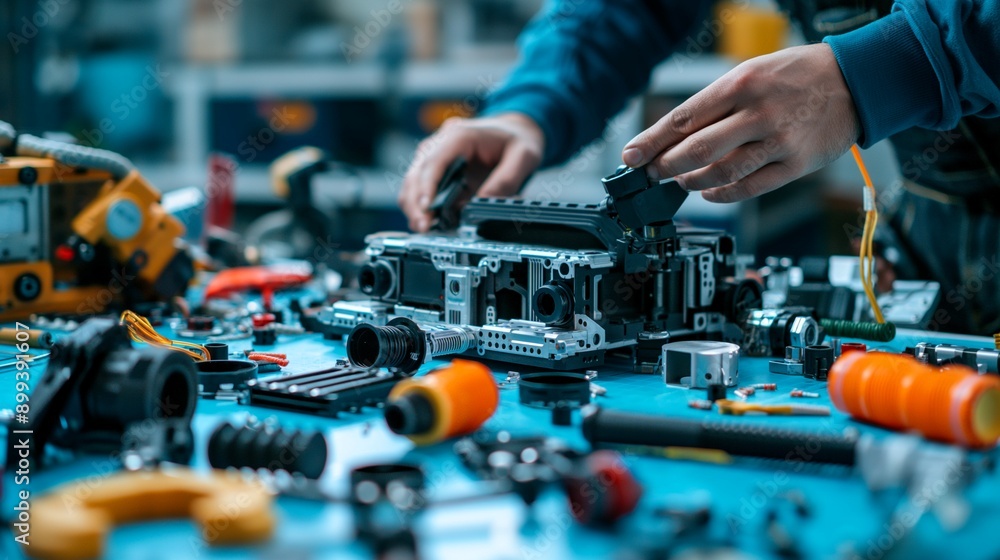 Poster precision engineering: a skilled technician assembles a complex component, showcasing the meticulous