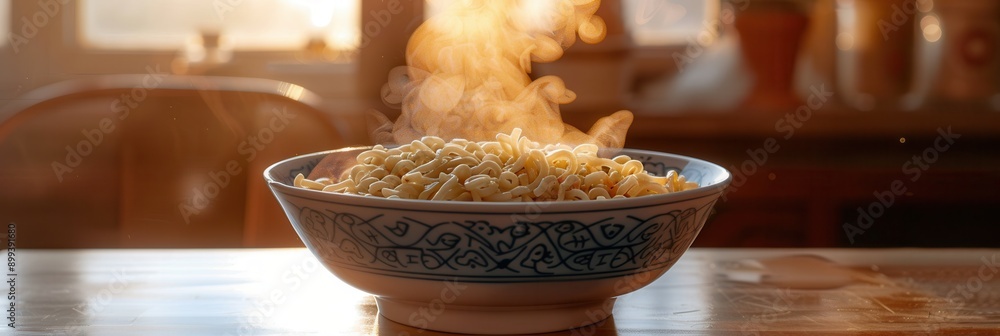 Poster a bowl of steaming instant noodles sits invitingly on a rustic wooden table, releasing fragrant stea