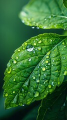  A tight shot of a green leaf dotted with water droplets, against a backdrop of lush green foliage