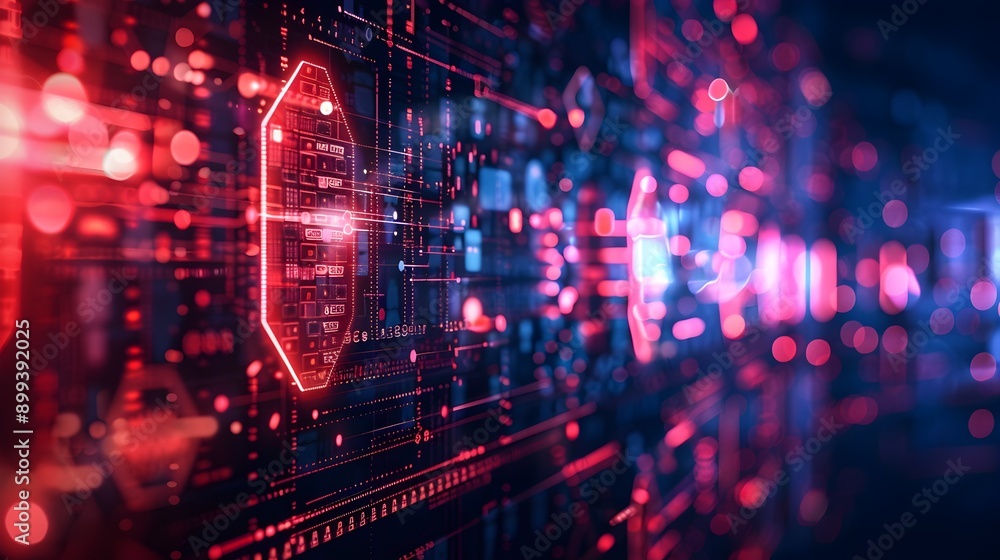 Poster futuristic cybersecurity interface with floating shields and encryption symbols in high tech environ
