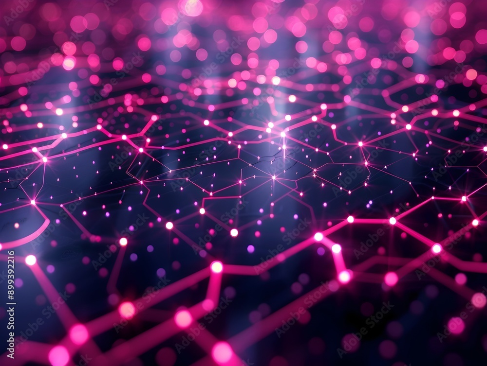 Poster neon lit abstract grid patterns representing digital networks and connectivity
