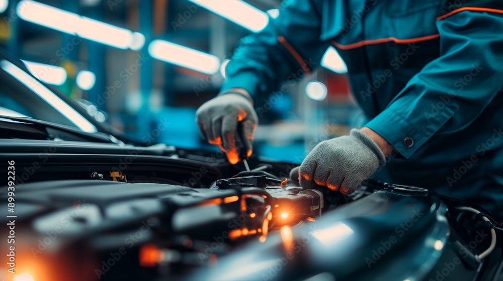 Poster electric vehicle mechanic diagnosing issues. close-up of a mechanic's hands using diagnostic tools o