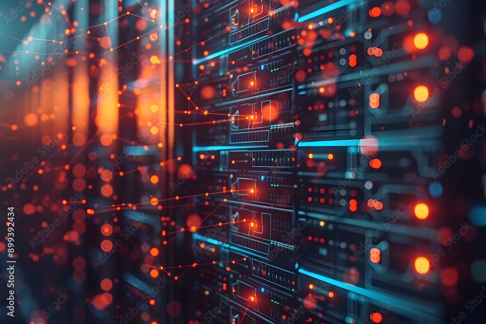 Poster interconnected virtual data hub with glowing digital connections against darkened backdrop