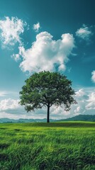 Obraz premium A solitary tree stands in a green field, surrounded by a blue sky dotted with white clouds