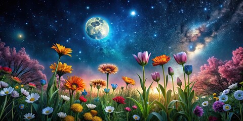 Flowers in the garden blooming under the night sky, blooms, nature, garden, plants, floral, stars, night, sky, peaceful