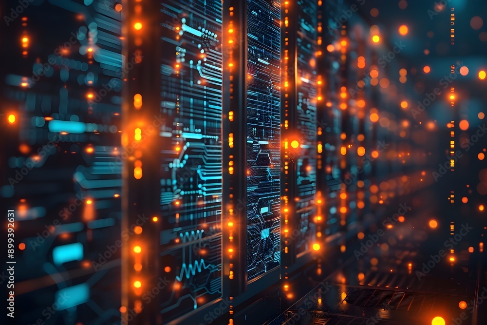 Poster interconnected virtual data hub with glowing server connections in cyber backdrop