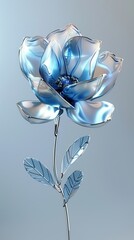 A glass flower with a blue center and two leaves, closely depicted against a gray background Silver stem