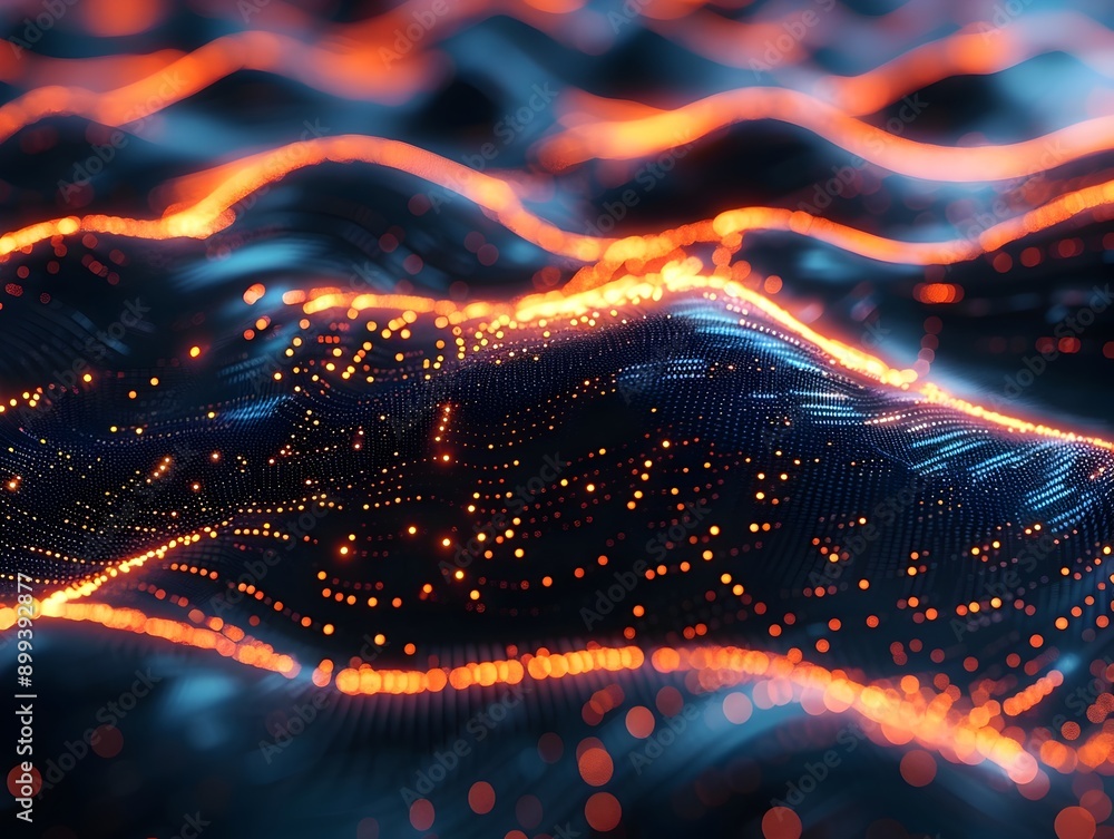 Poster glowing digital landscape with connected nodes and lines symbolizing cyber world