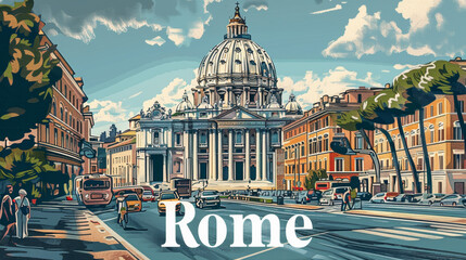 Rome poster, Rome architecture, cityscape, in the style of graphic design-inspired illustrations, daylight atmosphere, travel