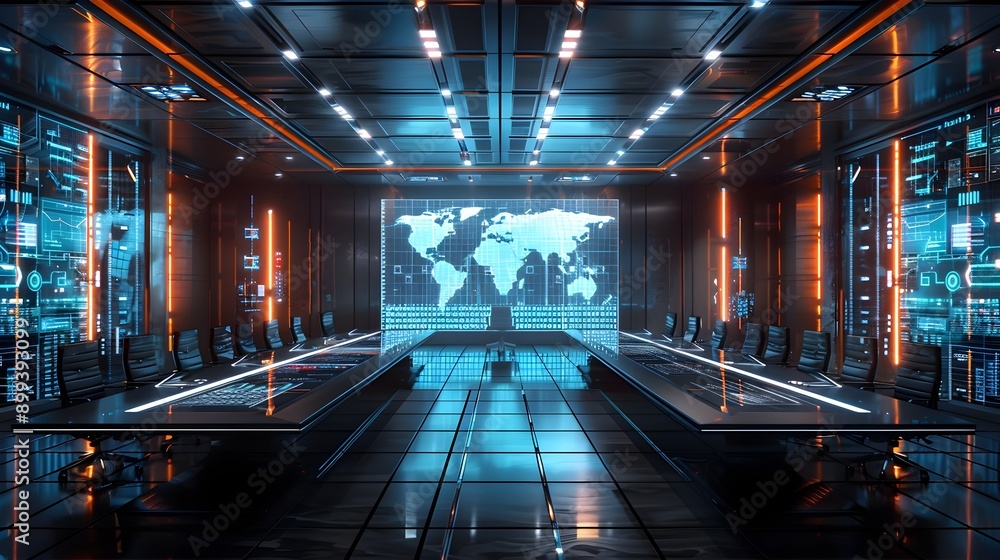 Poster futuristic high tech conference room with holographic displays and data analysis tools in cyber back