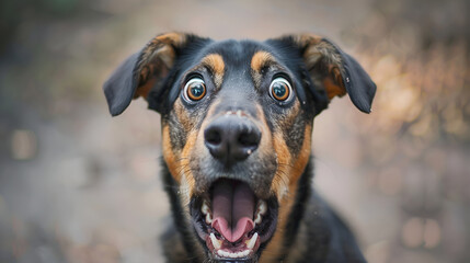 Close-Up Portrait of a Dog with Wide Eyes and Surprised Expression in an Outdoor Setting
