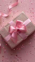  A pink gift box, adorned with a pink ribbon and surrounded by pink confetti against a pink backdrop