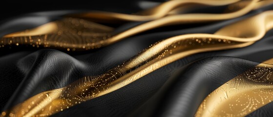  A tight shot of black-and-gold fabric, adorned with undulating wave patterns interspersed with scattered dots