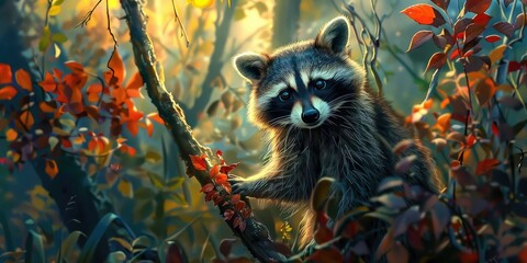 Fototapeta premium portrait of a raccoon in the forest. Selective focus.