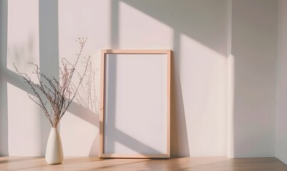 empty frame lying on a minimalist table near the window, Generative AI