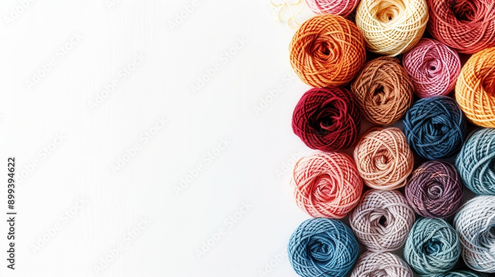 Aufkleber A vibrant assortment of yarn rolls is neatly arranged on a white background, offering ample space for creative text placement. Generative AI