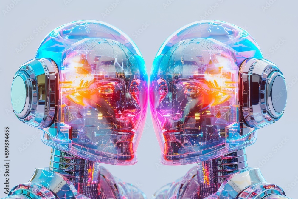 Aufkleber artistic digital interaction between robotic figures symbolizing advanced technology and innovation