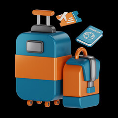 Premium orange and blue travel suitcase and backpack icon 3d rendering on isolated background