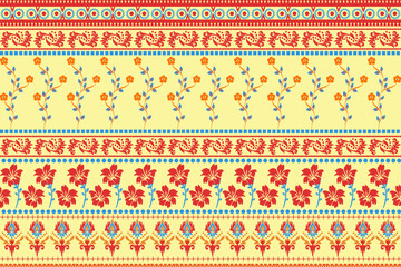 Floral background, geometric oriental seamless pattern, traditional blue, orange, yellow design for background, carpet, wallpaper, clothing, wrapping, batik, fabric, Vector embroidery pattern