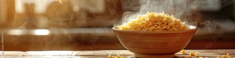 Aufkleber steaming instant noodles fill a bowl, releasing warmth and inviting aromas while resting on a wooden