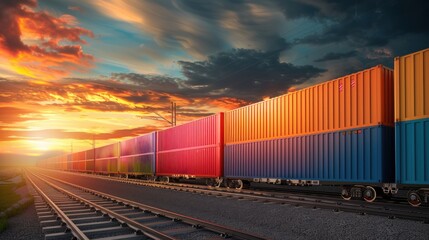 Obraz premium Cargo freight train with colorful containers on the railway, goods and products transportation.
