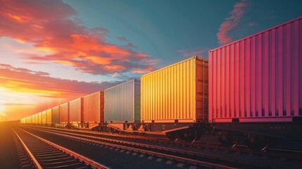 Fototapeta premium Cargo freight train with colorful containers on the railway, goods and products transportation.