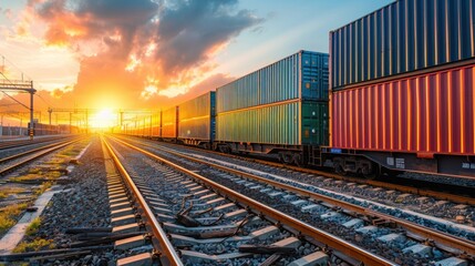 Fototapeta premium Cargo freight train with colorful containers on the railway, goods and products transportation.