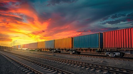 Fototapeta premium Cargo freight train with colorful containers on the railway, goods and products transportation.