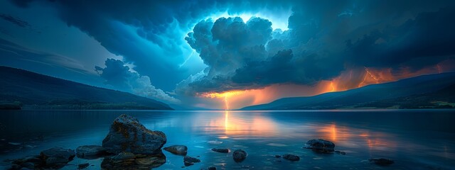  A large cloud casts an ominous presence over the tranquil body of water, dotted with rocks in the foreground Mountains gracefully rise in the background