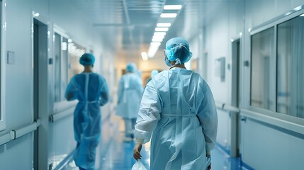 The image shows  people in white coats walking down a hospital hallway.

