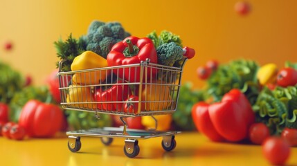 A vibrant shopping cart filled with fresh vegetables against a colorful background, perfect for wellness or grocery themes.