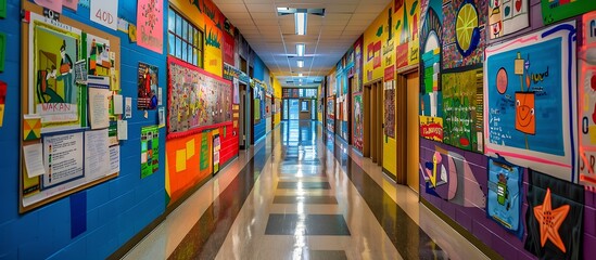 A vibrant school corridor decorated with student projects, colorful murals, and informational posters. The corridor is lively and engaging.