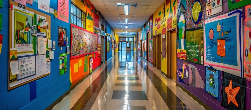 A vibrant school corridor decorated with student projects, colorful murals, and informational posters. The corridor is lively and engaging.