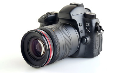 Fototapeta premium Professional black camera over white background, front view of digital photocamera on white background, Digital professional camera isolated on a white background